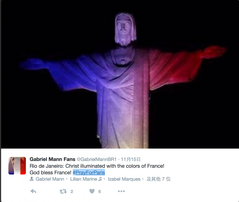 巴西里約的耶穌打上藍白紅的法國國旗燈光，以示悼念。