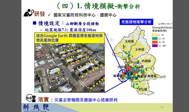 科技部評估，以台北為例，發生規模規模7.1以上地震、震源深度10公里時，大同、萬華、中正等西部地區老舊建物損壞情形最嚴重。 圖片來源：科技部提供