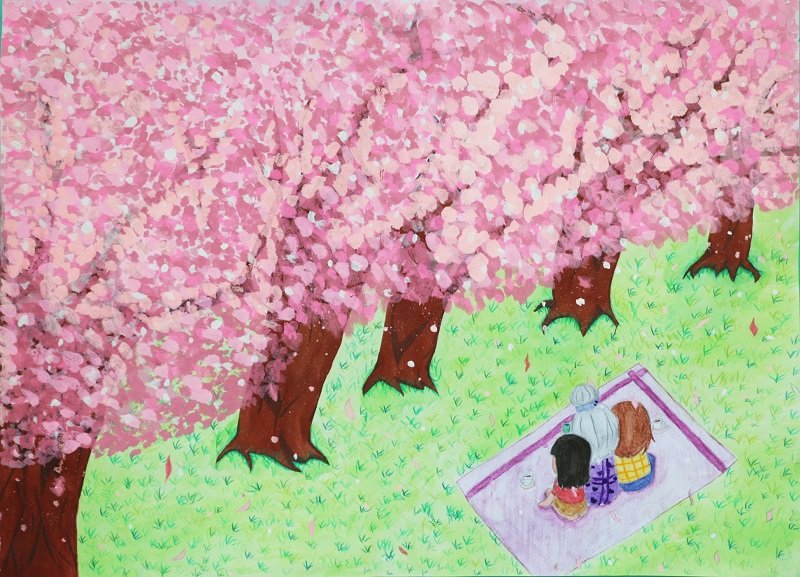 高中組特優屏東的瑩瑩以櫻花樹來表現她從出生到現在與家人充滿歡樂溫暖的愛的回憶。〈圖片來源：失親兒基金會〉