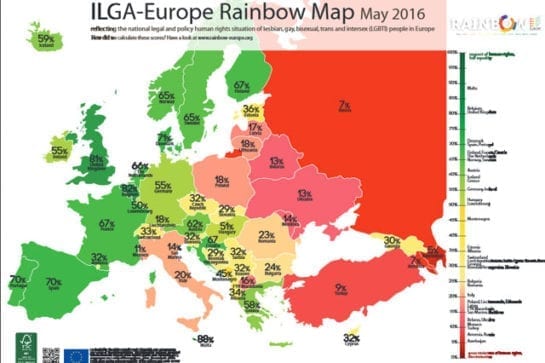 目前歐洲國家同性伴侶法合法化程度，綠色代表已合法。（圖片來源：weforum）