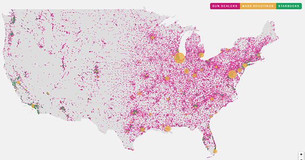 圖表中，紅色點為全美交易所，綠色點為星巴克分店，黃色點則是曾發生命案的地區。（圖片來源：1point21Interactive）